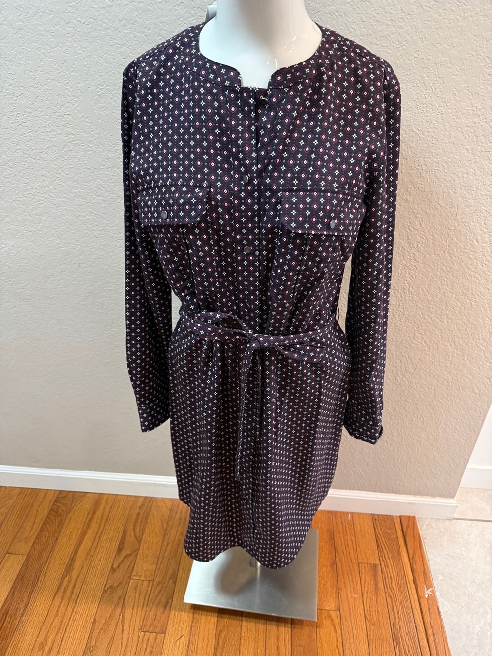 Banana Republic Navy Printed Long-Sleeve Shirt Dress with Waist Tie